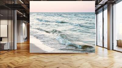 seascape: white sandy beach and waves on the shore at dawn, subtle pastel-colored sunset sky in the background Wall mural