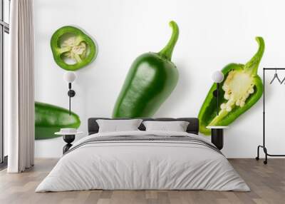 set / collection of green hot spicy jalapenos or chili peppers, whole, half and slices / sliced isolated over transparency, top and side view, organic green food design elements, PNG Wall mural