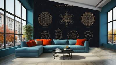 set / collection of sacred geometry symbols or icons, flower of life, metatron's cube, merkaba, tree of life, vesica piscis, vector equililbrium, and tesseract, spiritual / yoga design elements Wall mural