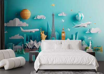 World travel concept with famous landmarks around the globe.  A minimalist origami style on a pastel blue background. Wall mural