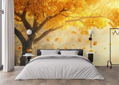 A vibrant autumn tree bursting with golden yellow leaves against a soft  diffuse light background Wall mural