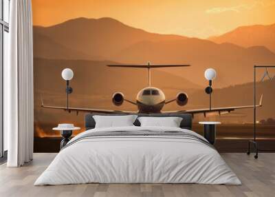 Airplane on airport runway at sunset in tasmania Wall mural