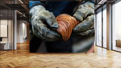 An electrician binding copper wires together and sealing them with insulation stripe. Wall mural