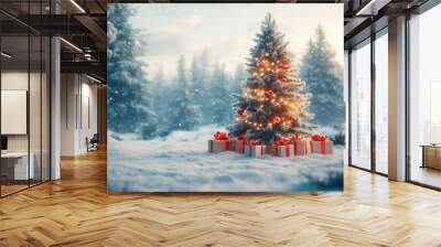 Beautiful decorated christmas tree with present boxes in a winter landscape with snow Wall mural