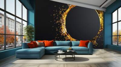 Beautiful olive or engine oil splashes arranged in a circle isolated on black background Wall mural