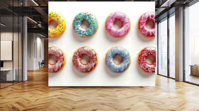 Colorful sprinkled donuts on white background  top view. Wall mural