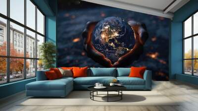 Earth at night held in human hands  energy saving concept. Wall mural