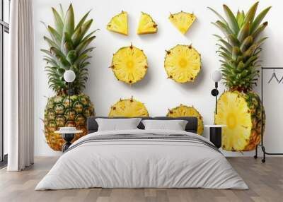 Fresh whole and cut pineapple on white background. Wall mural