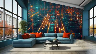 Global business network growth through data analysis  AI  and blockchain. Wall mural