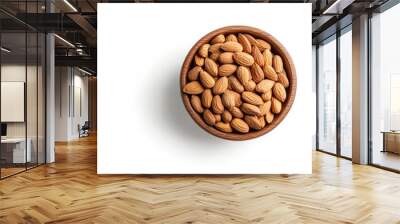 Heap of Almonds in wood bowl isolated on white background. top view Wall mural