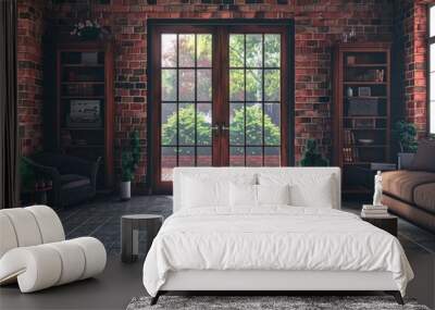 Living room with red brick walls  grey tile flooring  patio. Wall mural