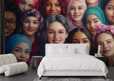 Portrait of cheerful mixed age range multi ethnic women celebrating International Womens Day Wall mural