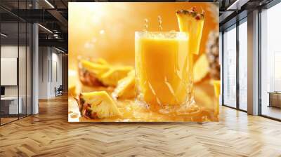 Refreshing pineapple juice with summer vibes on orange background. Wall mural