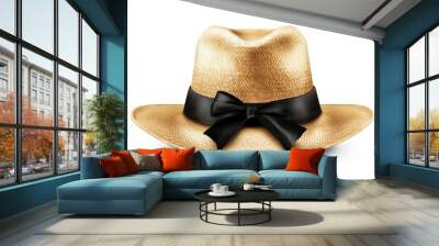 Straw hat with black ribbon for head protection. Wall mural