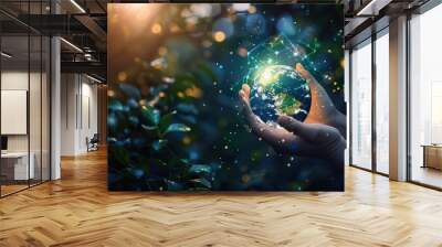 Technology ecology concept with hand holding earth and environment icons. Wall mural