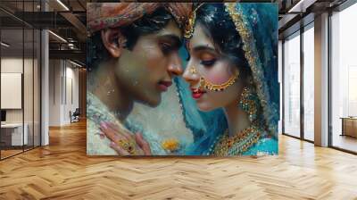 Traditional indian wedding couple, brige and groom, painted effect photo Wall mural