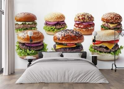 Various layered burgers on white background. Wall mural