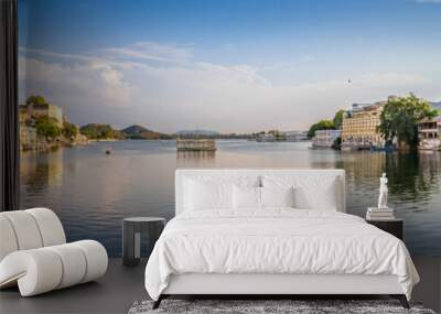 Panoramic view of city of lakes, Udaipur with lake Pichola from Ambrai ghat, Rajasthan, India. Wall mural