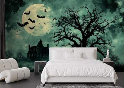 Create a haunting Halloween landscape featuring a full moon, silhouetted bats, a creepy old tree, and a haunted house in the background  Wall mural