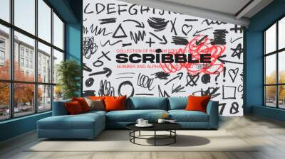 Collection of random hand drawn scribble of stroke, shape, number and alphabet vector set Wall mural