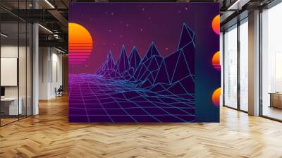 Futuristic neon retrowave background. Retro low poly grid landscape mountain terrain with set of glowing outrun sun vector illustration template Wall mural