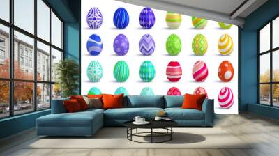 Set of cute colorful 3d realistic Easter eggs on isolated background, decorative vector elements collection Wall mural