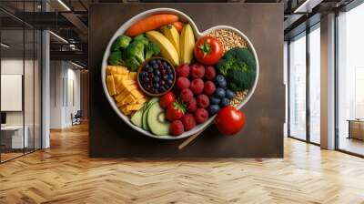 Vibrant photo of a heart-shaped bowl filled with nutritious diet foods like fresh fruits, vegetables, and whole grains, promoting heart health. Wall mural