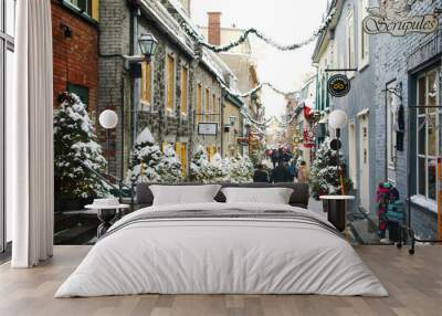 Quebec, Canada - December 21, 2016:  Rue du Petit-Champlain at 21 December, 2016 in Quebec City, Quebec, Canada. Historic District of Quebec City. Wall mural