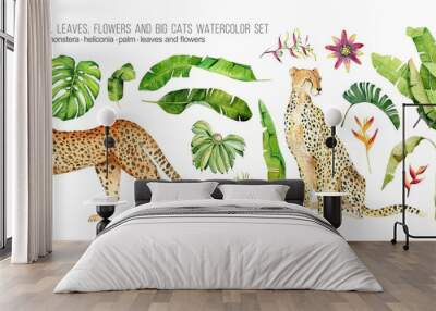 Watercolor cats, tropical leaves and flowers set. Colorfull set for design textile, wallpapers, prints and banners. Wall mural