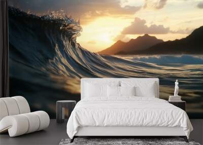 A close-up view of a wave curling in the ocean at sunset with mountains in the background. Wall mural