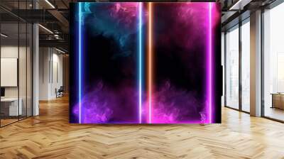 a colorful neon light rectangular two frame with smoke on black background Wall mural