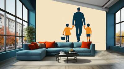 minimalist illustration of a father with his children walking, father's day Wall mural