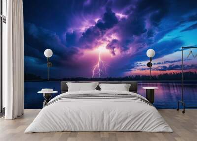 view of purple clouds with thunderstorm over the lake Wall mural