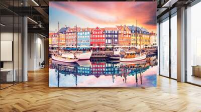 Breathtaking beautiful scenery with boats in the famous Nyhavn in Copenhagen, Denmark at sunrise. Exotic amazing places. Popular tourist atraction. Wall mural