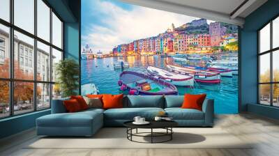 Mystic landscape of the harbor with colorful houses and the boats in Porto Venero, Italy, Liguria in the evening in the light of lanterns Wall mural