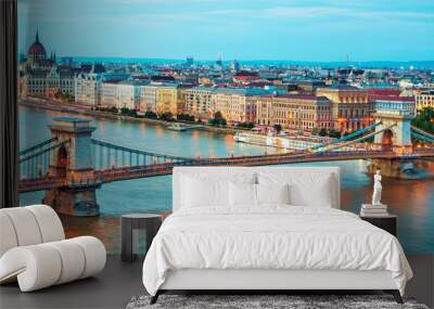 The picturesque landscape of the Parliament and the bridge over the Danube in Budapest, Hungary. Wall mural