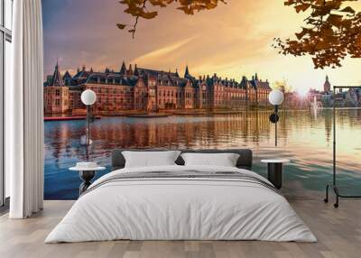 Sunset on the Binnenhof building and The Hague city reflected on the pond with a swan swimming on, Netherlands Wall mural