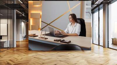 Angry stressed young business woman annoyed with computer problem, office worker hates stuck laptop, sad lady frustrated about bad online news, data loss, software failure Wall mural