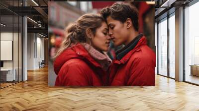 young couple two female outdoor wearing on red jacket hugging, kissing and enjoying spending time to Wall mural