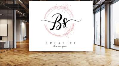 Handwritten BS B S letter logo with sparkling circles with pink glitter. Wall mural