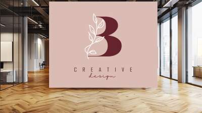 Red B letter logo design with white leaves branch vector illustration. Wall mural