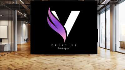 Vector illustration of abstract letter white V with pink leaf, eco, natural design. Letter V logo with creative cut and shape. Wall mural