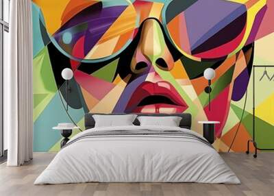 Abstract Geometric Portrait of Woman in Sunglasses with Bold Colors Wall mural