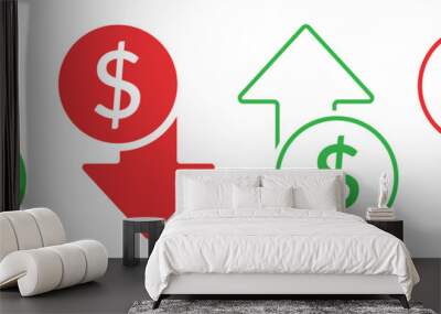 Dollar decrease, dollar appreciation icons  green and red Wall mural