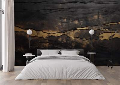 an abstract dark black wooden background with gold paint Wall mural