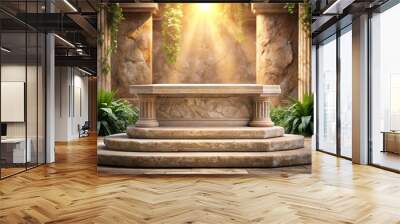 Ancient stone podium with antique columns and green plants. Marble background for products presentation of natural light color Wall mural