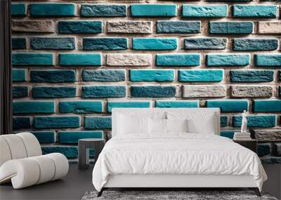 Close-up of  blue brick wall background  featuring textured bricks in varying shades, creating  unique modern eye-catching backdrop. Wall mural