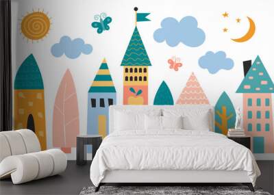 Cute houses, city buildings in Scandinavian style. Cozy town for children, Scandi architecture. Fairy street with sun, cloud, moon and stars. Flat vector illustration isolated on white background Wall mural