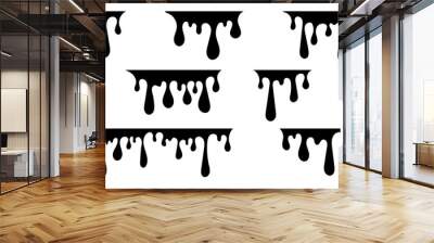 Drop melt liquid Splash of chocolate, oil, blood, water, syrup, candy sauce, caramel. Black splatter Drip paint set Ink stain.  Vector illustration isolated on white background Wall mural