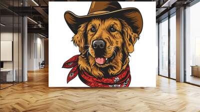 golden retriever dog Head wearing cowboy hat and bandana around neck Wall mural